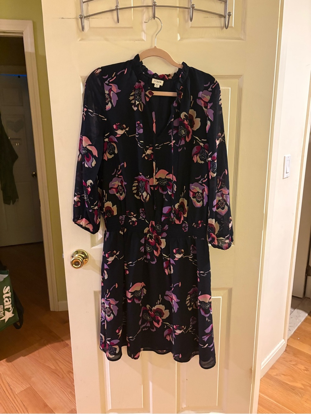 J. Crew Black Long Sleeve Floral Tie-Neck Dress with Pink & Purple Blooms